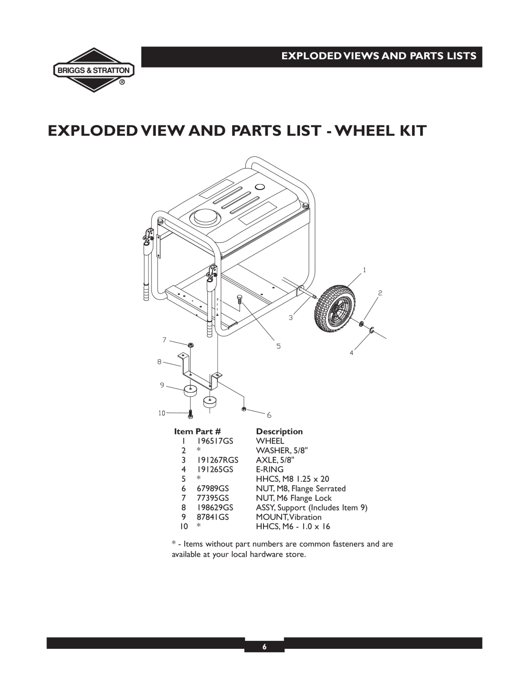 Briggs & Stratton 30244 manual Exploded View And Parts List - Wheel Kit, Exploded Views And Parts Lists, Description 