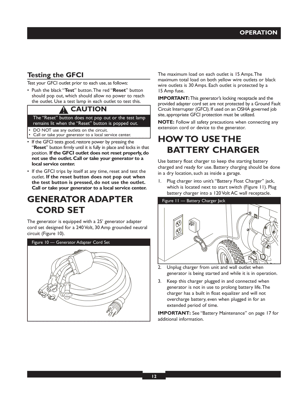 Briggs & Stratton 30244 operating instructions Generator Adapter Cord SET, HOW to USE the Battery Charger, Testing the Gfci 