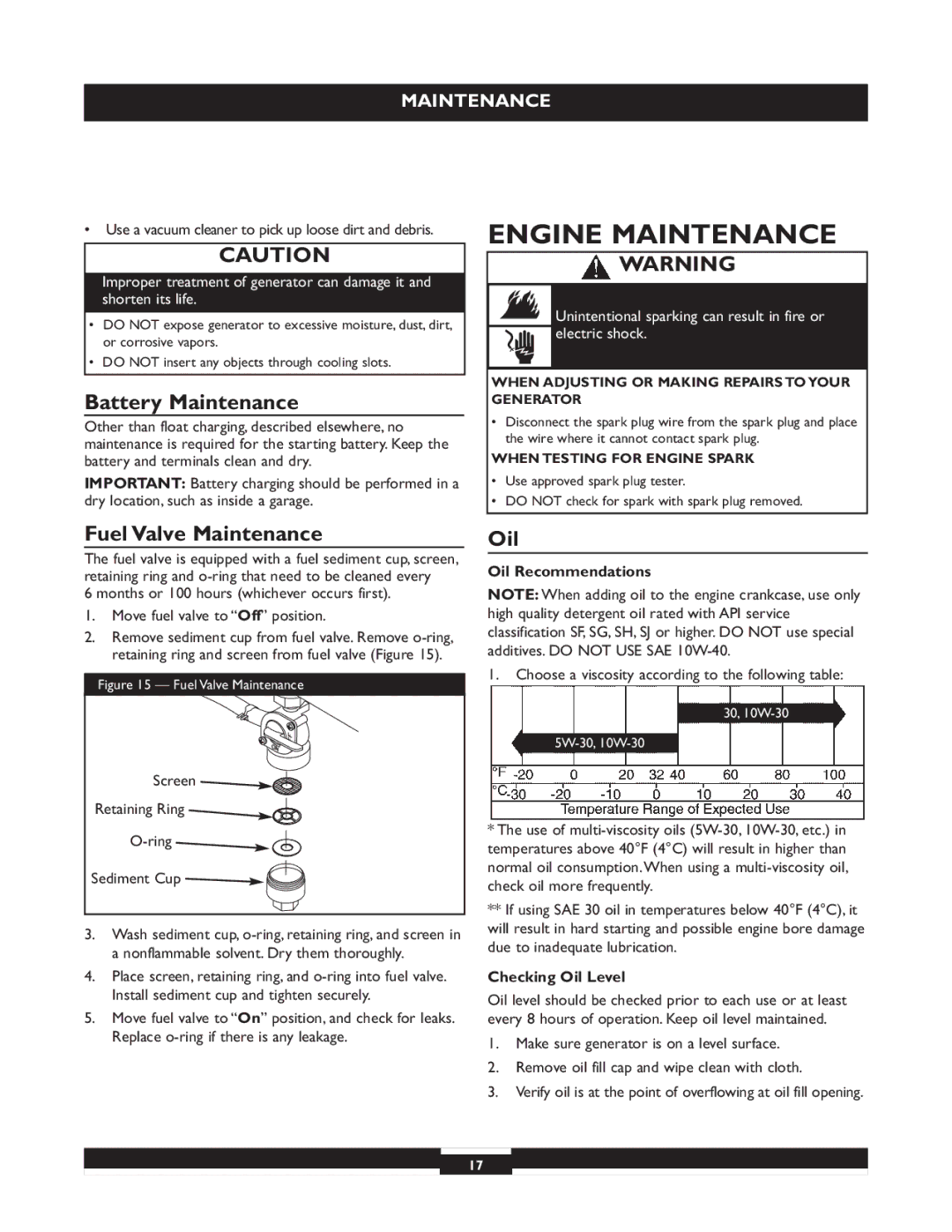 Briggs & Stratton 30244 operating instructions Engine Maintenance, Battery Maintenance, Fuel Valve Maintenance, Oil 