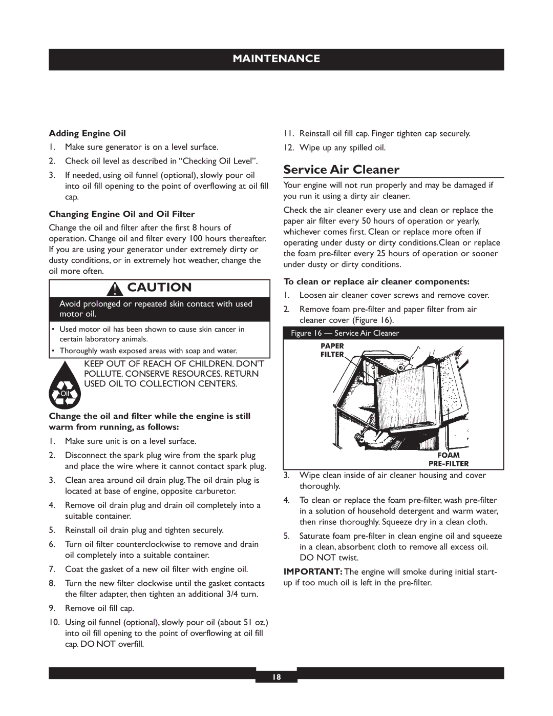 Briggs & Stratton 30244 operating instructions Service Air Cleaner, Adding Engine Oil, Changing Engine Oil and Oil Filter 