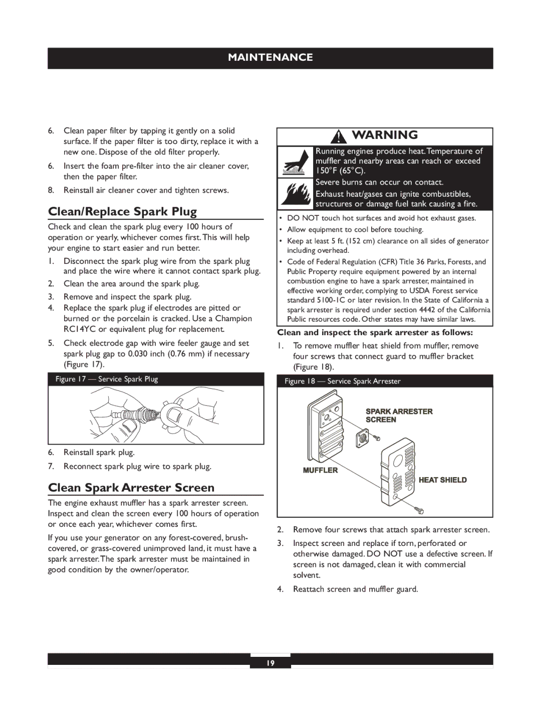 Briggs & Stratton 30244 operating instructions Clean/Replace Spark Plug, Clean Spark Arrester Screen 
