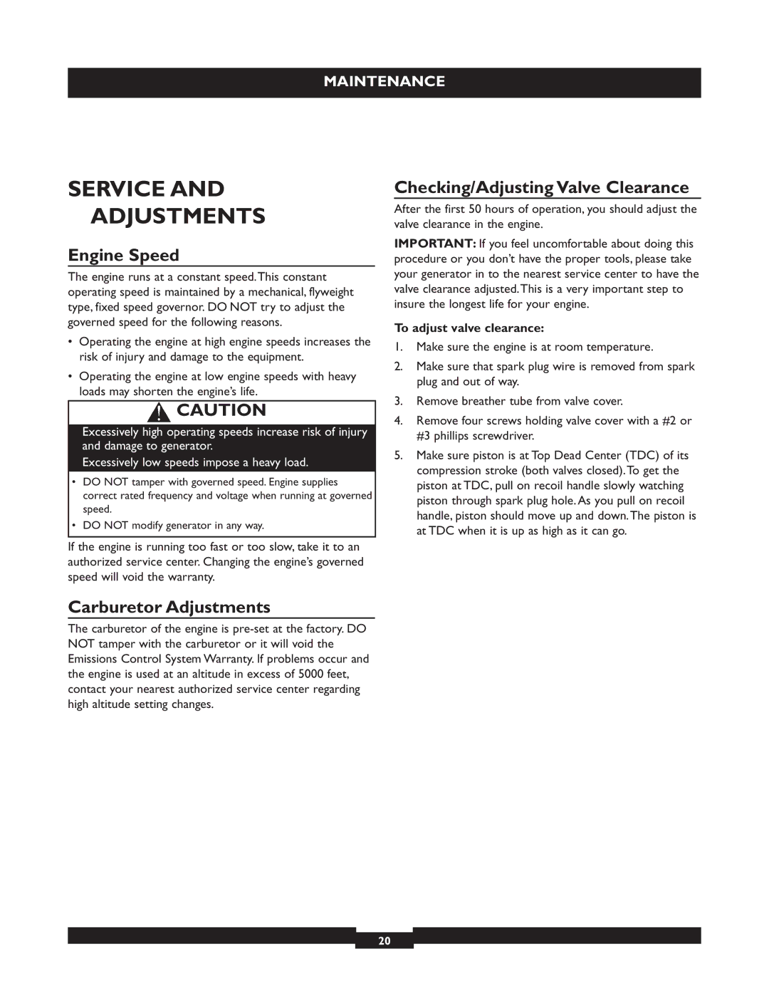 Briggs & Stratton 30244 Service Adjustments, Engine Speed, Checking/Adjusting Valve Clearance, Carburetor Adjustments 