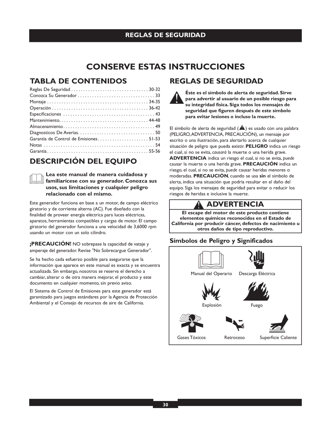 Briggs & Stratton 30244 Tabla DE Contenidos, Descripción DEL Equipo, Reglas DE Seguridad, Advertencia 