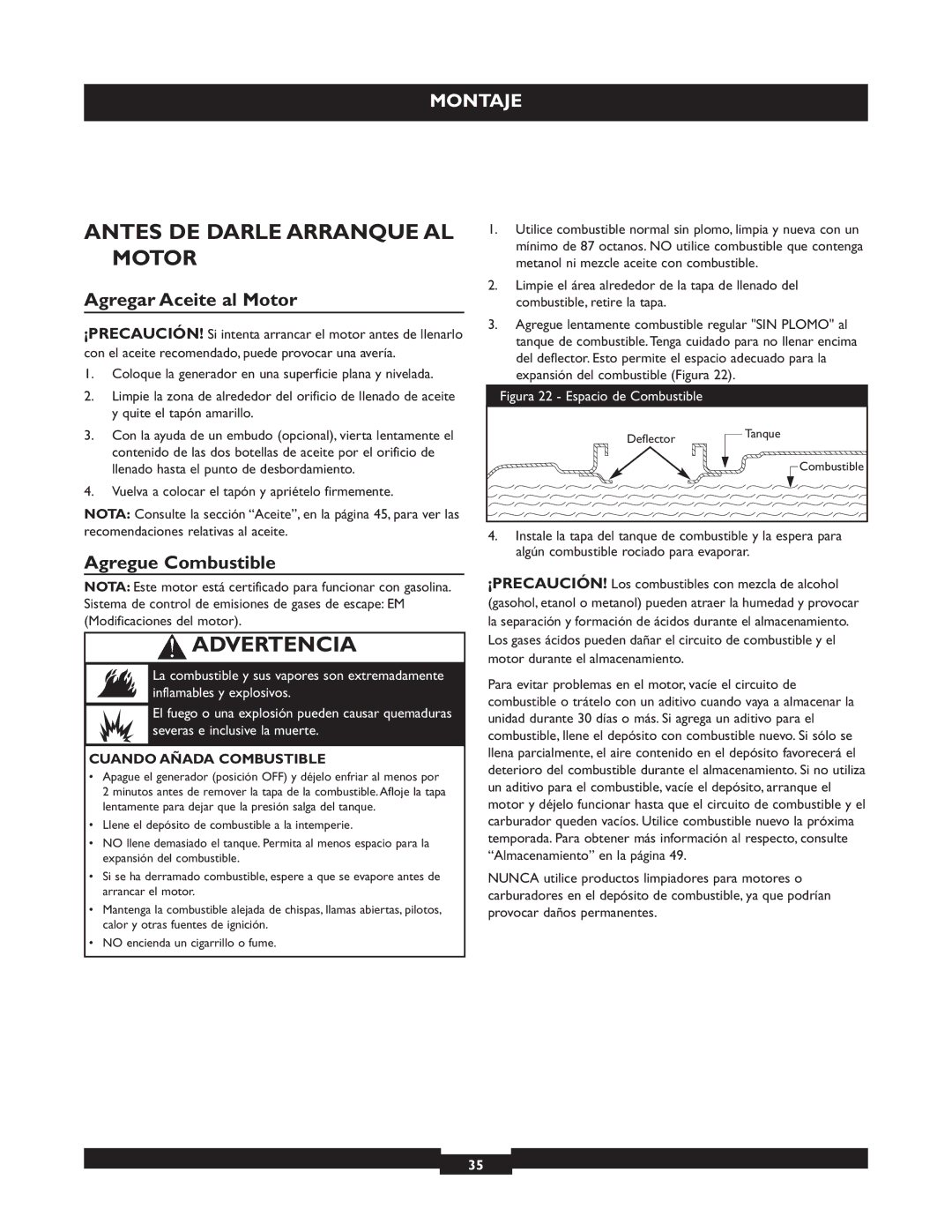 Briggs & Stratton 30244 Antes DE Darle Arranque AL Motor, Agregar Aceite al Motor, Agregue Combustible 