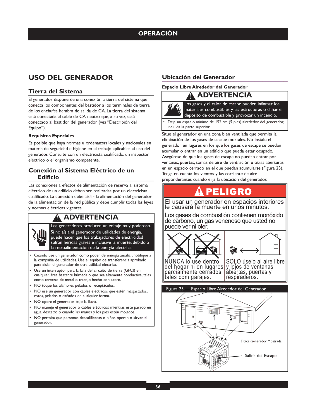 Briggs & Stratton 30244 USO DEL Generador, Tierra del Sistema, Conexión al Sistema Eléctrico de un Edificio 