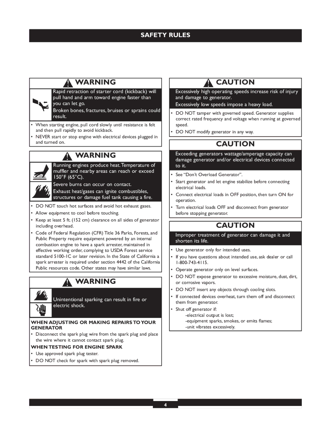 Briggs & Stratton 30244 When Adjusting or Making Repairs to Your Generator, When Testing for Engine Spark 