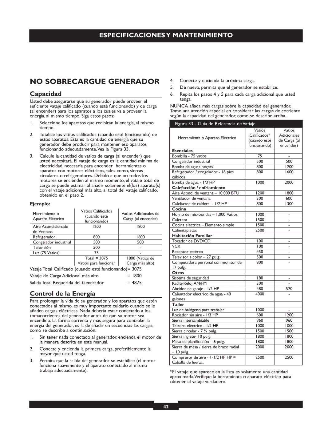 Briggs & Stratton 30244 operating instructions No Sobrecargue Generador, Capacidad, Control de la Energía, Ejemplo 