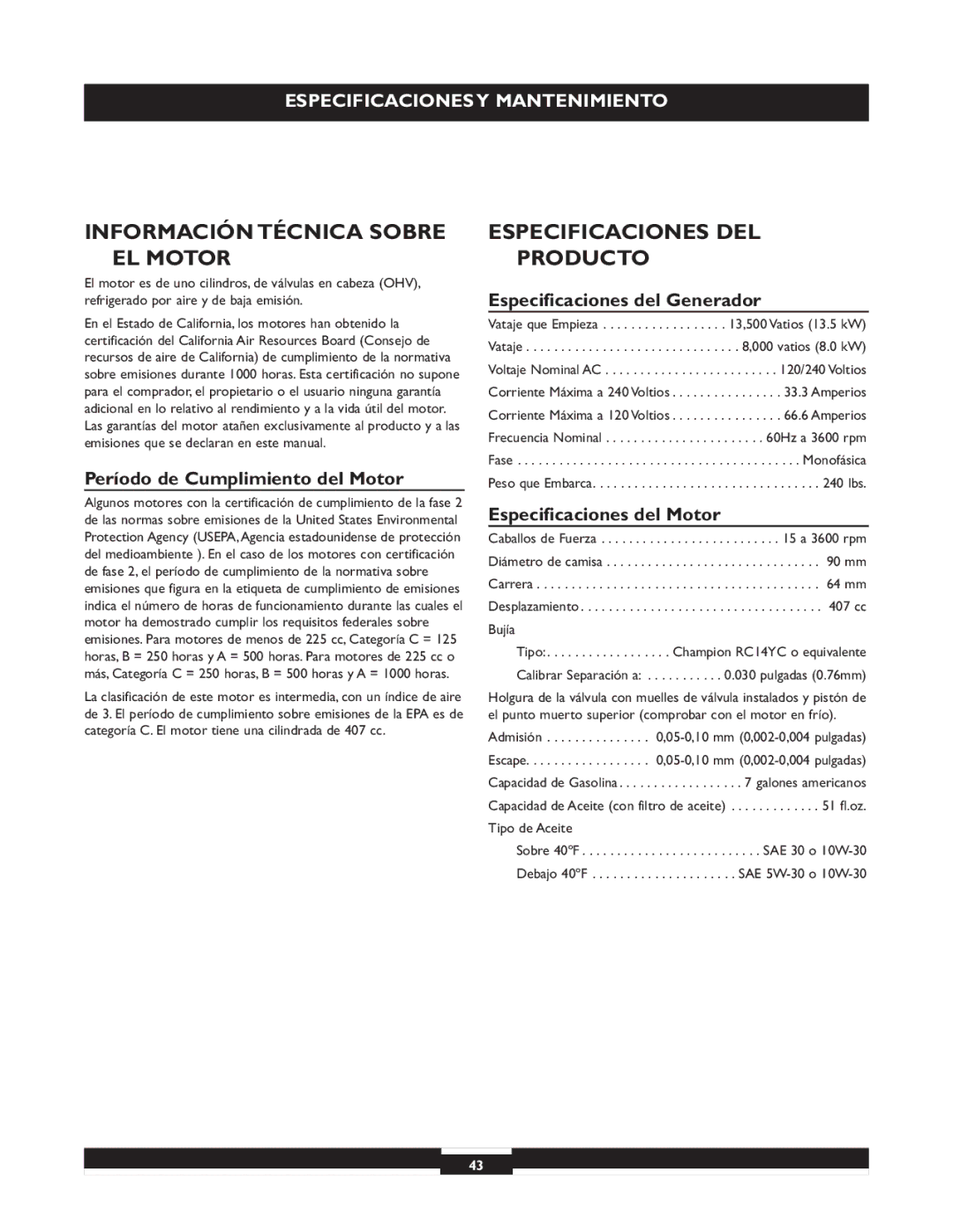 Briggs & Stratton 30244 Información Técnica Sobre EL Motor, Especificaciones DEL Producto, Especificaciones del Generador 