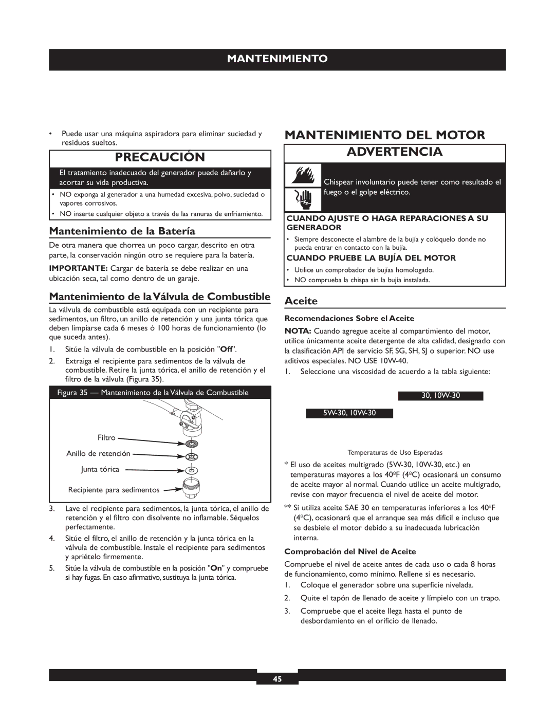 Briggs & Stratton 30244 operating instructions Mantenimiento DEL Motor Advertencia, Mantenimiento de la Batería, Aceite 