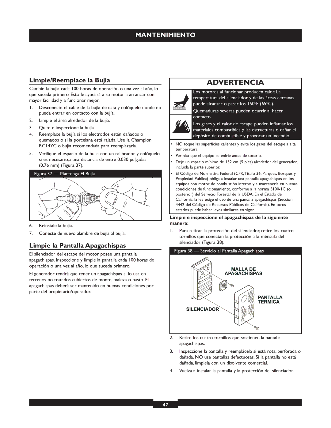 Briggs & Stratton 30244 operating instructions Limpie/Reemplace la Bujía, Limpie la Pantalla Apagachispas 