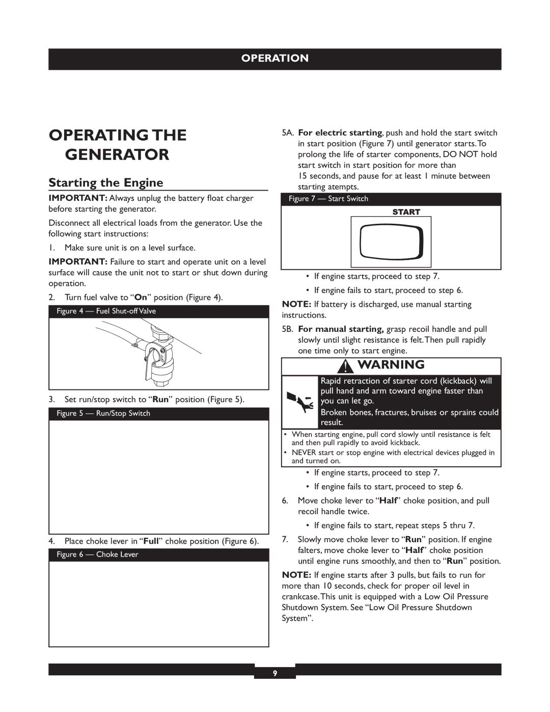 Briggs & Stratton 30244 operating instructions Operating Generator, Starting the Engine 