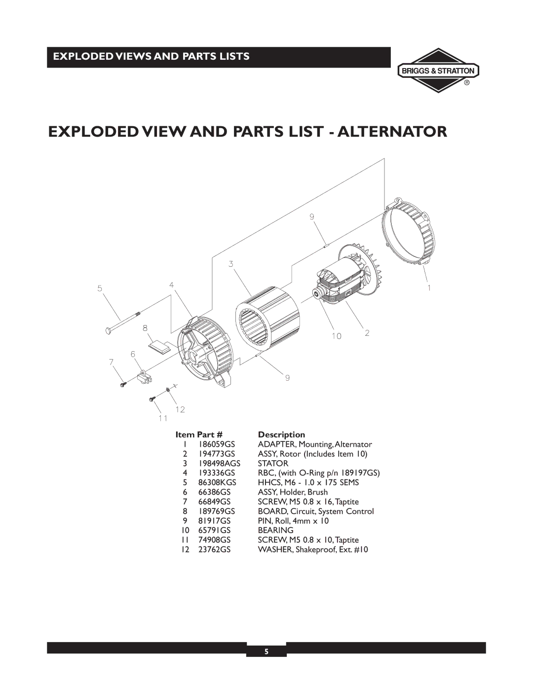 Briggs & Stratton 30244 manual Exploded View and Parts List Alternator, Bearing 