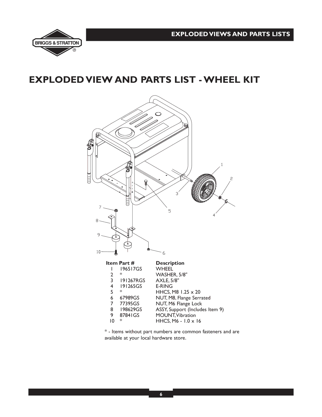 Briggs & Stratton 30244 manual Exploded View and Parts List Wheel KIT, Ring 