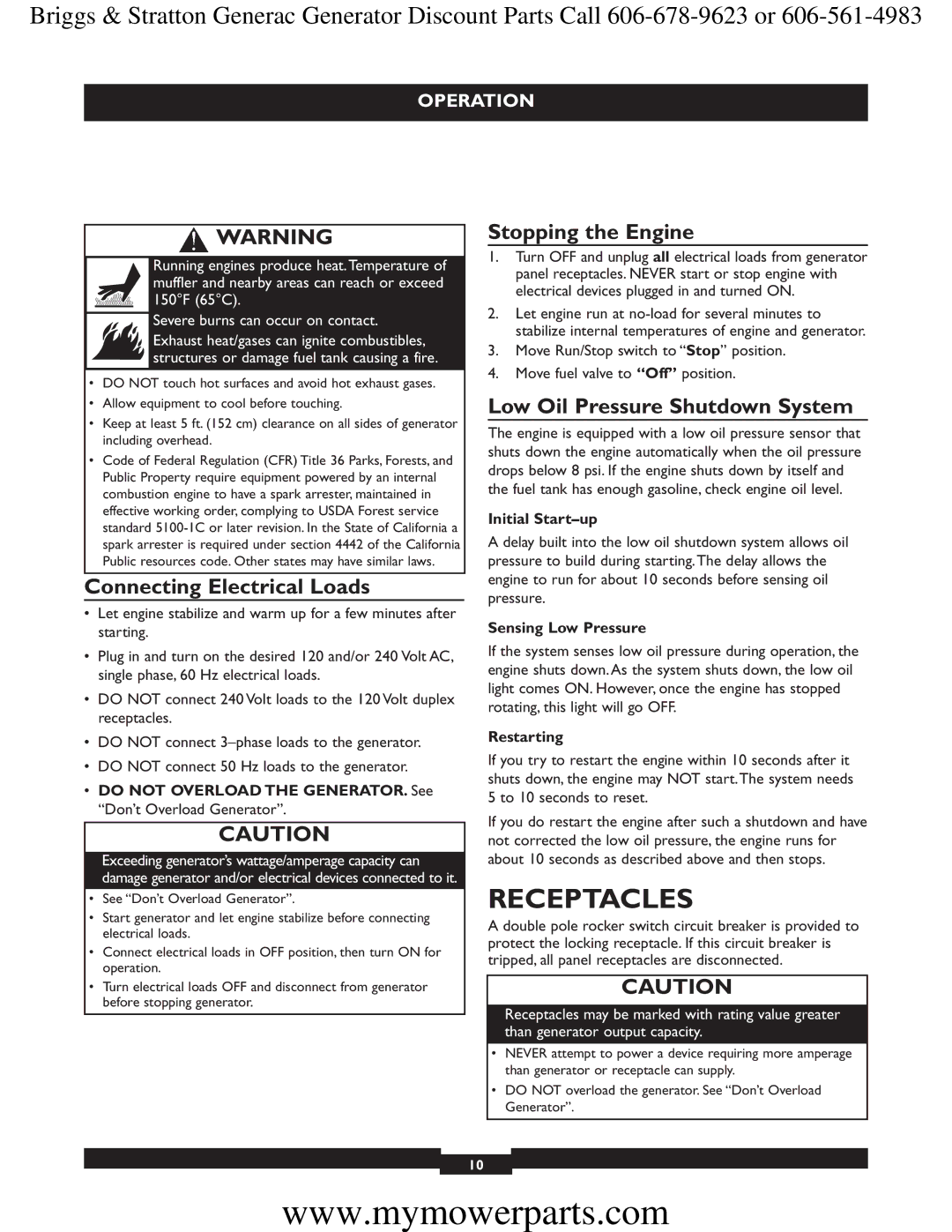 Briggs & Stratton 30244 Receptacles, Connecting Electrical Loads, Stopping the Engine, Low Oil Pressure Shutdown System 