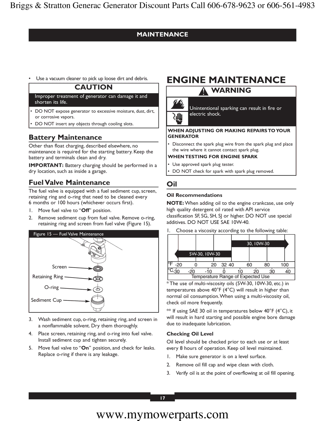 Briggs & Stratton 30244 manual Engine Maintenance, Battery Maintenance, Fuel Valve Maintenance, Oil 