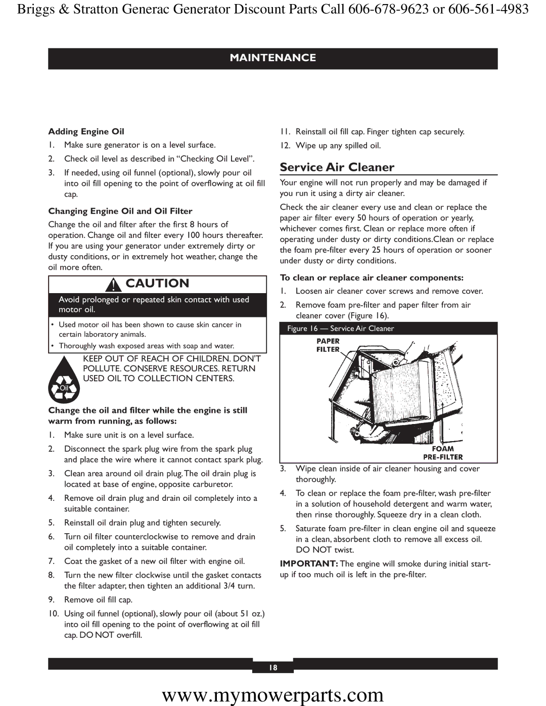 Briggs & Stratton 30244 manual Service Air Cleaner, Adding Engine Oil, Changing Engine Oil and Oil Filter 