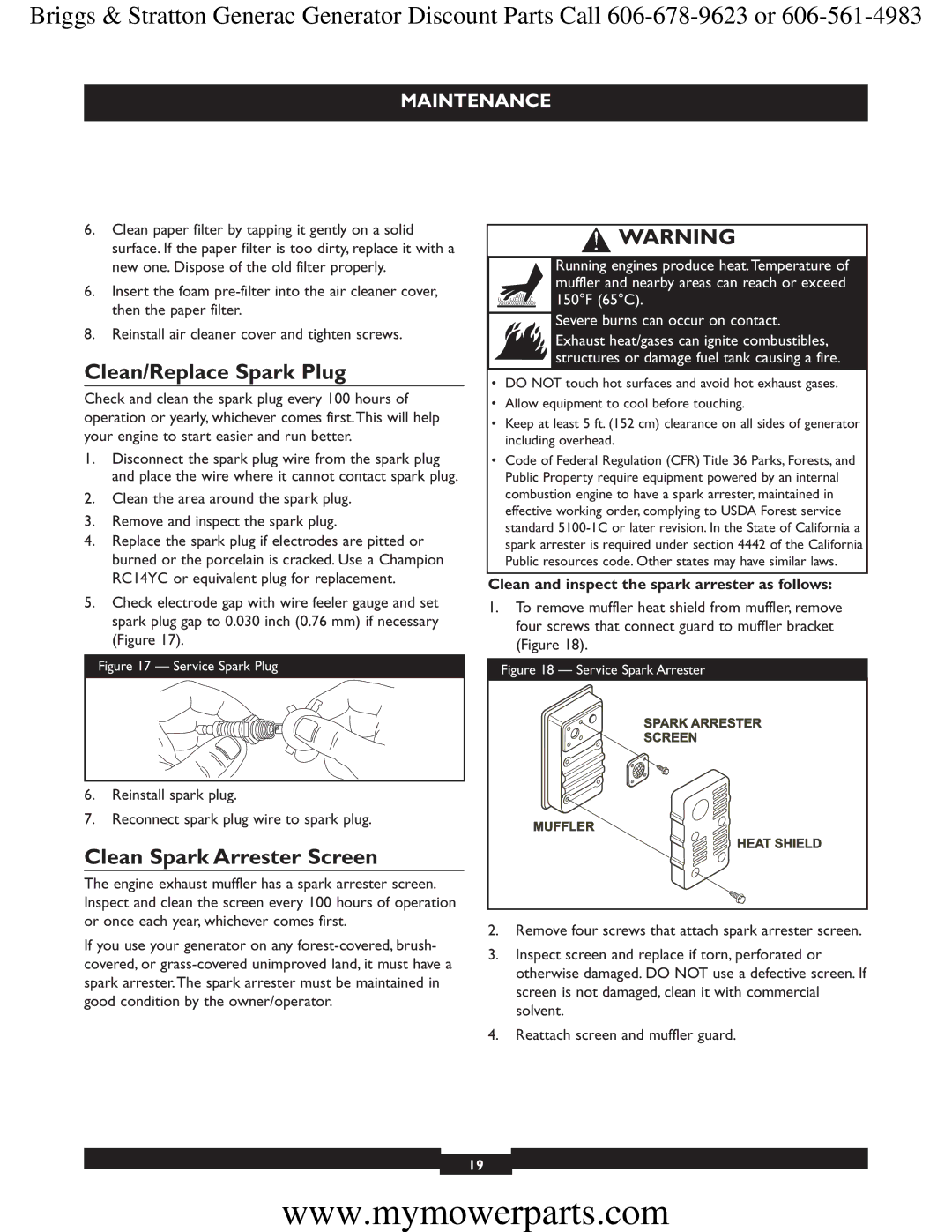 Briggs & Stratton 30244 manual Clean/Replace Spark Plug, Clean Spark Arrester Screen 