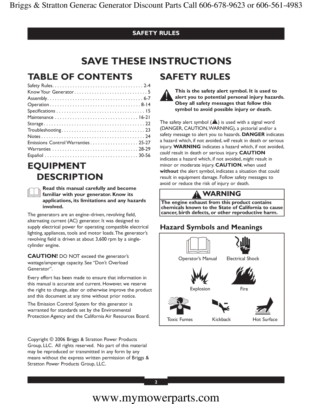 Briggs & Stratton 30244 manual Table of Contents, Equipment Description, Safety Rules 