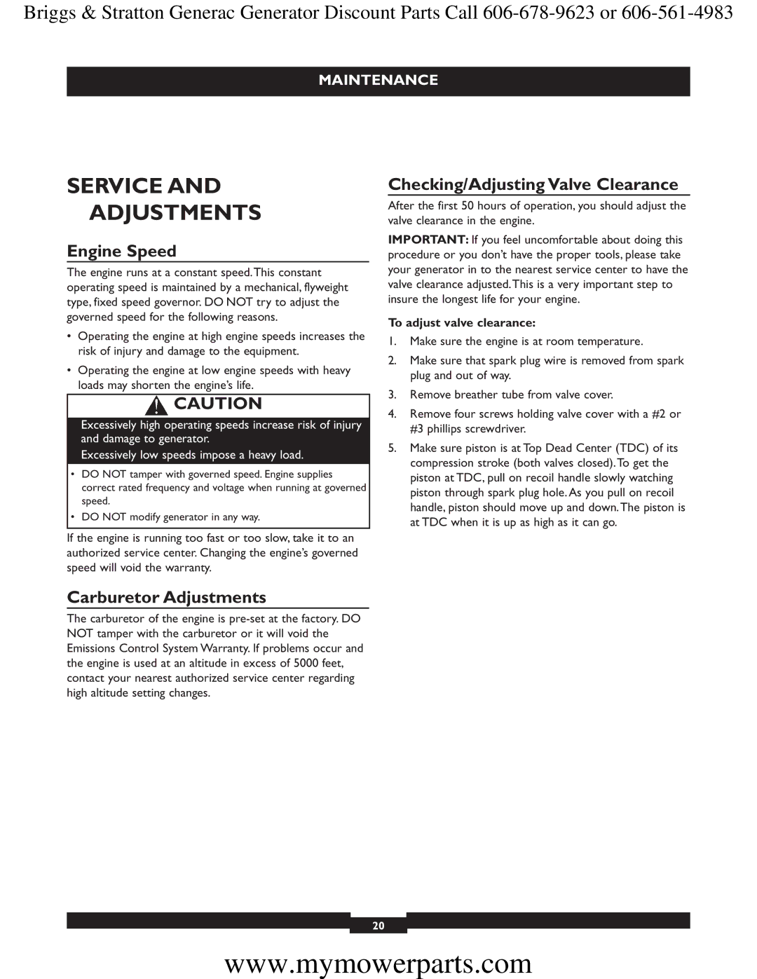 Briggs & Stratton 30244 Service Adjustments, Engine Speed, Checking/Adjusting Valve Clearance, Carburetor Adjustments 