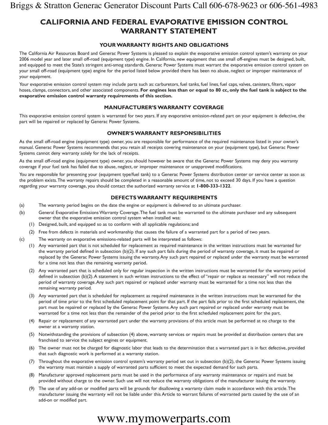 Briggs & Stratton 30244 manual Your Warranty Rights and Obligations 