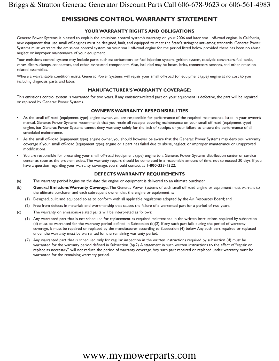 Briggs & Stratton 30244 manual Emissions Control Warranty Statement 