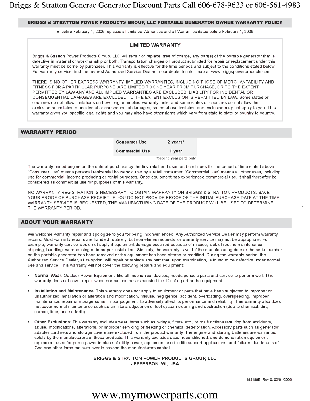 Briggs & Stratton 30244 manual Limited Warranty 