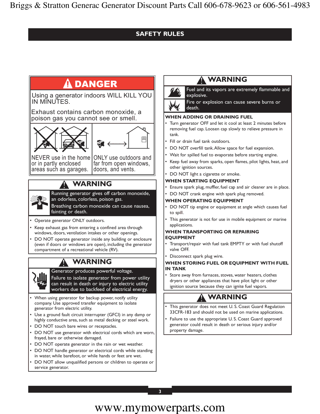 Briggs & Stratton 30244 manual When Adding or Draining Fuel, When Starting Equipment, When Operating Equipment 