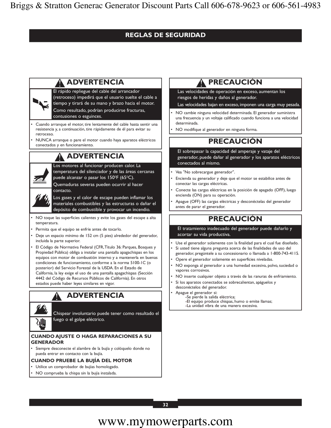 Briggs & Stratton 30244 Precaución, Cuando Ajuste O Haga Reparaciones a SU Generador, Cuando Pruebe LA Bujía DEL Motor 