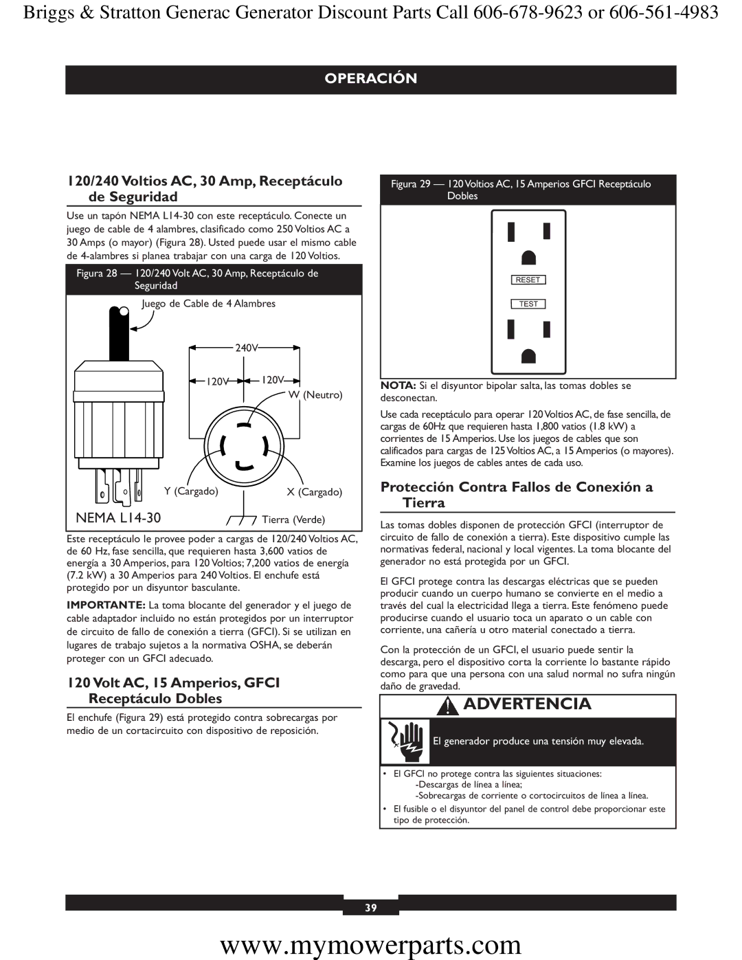 Briggs & Stratton 30244 manual 120/240 Voltios AC, 30 Amp, Receptáculo de Seguridad 