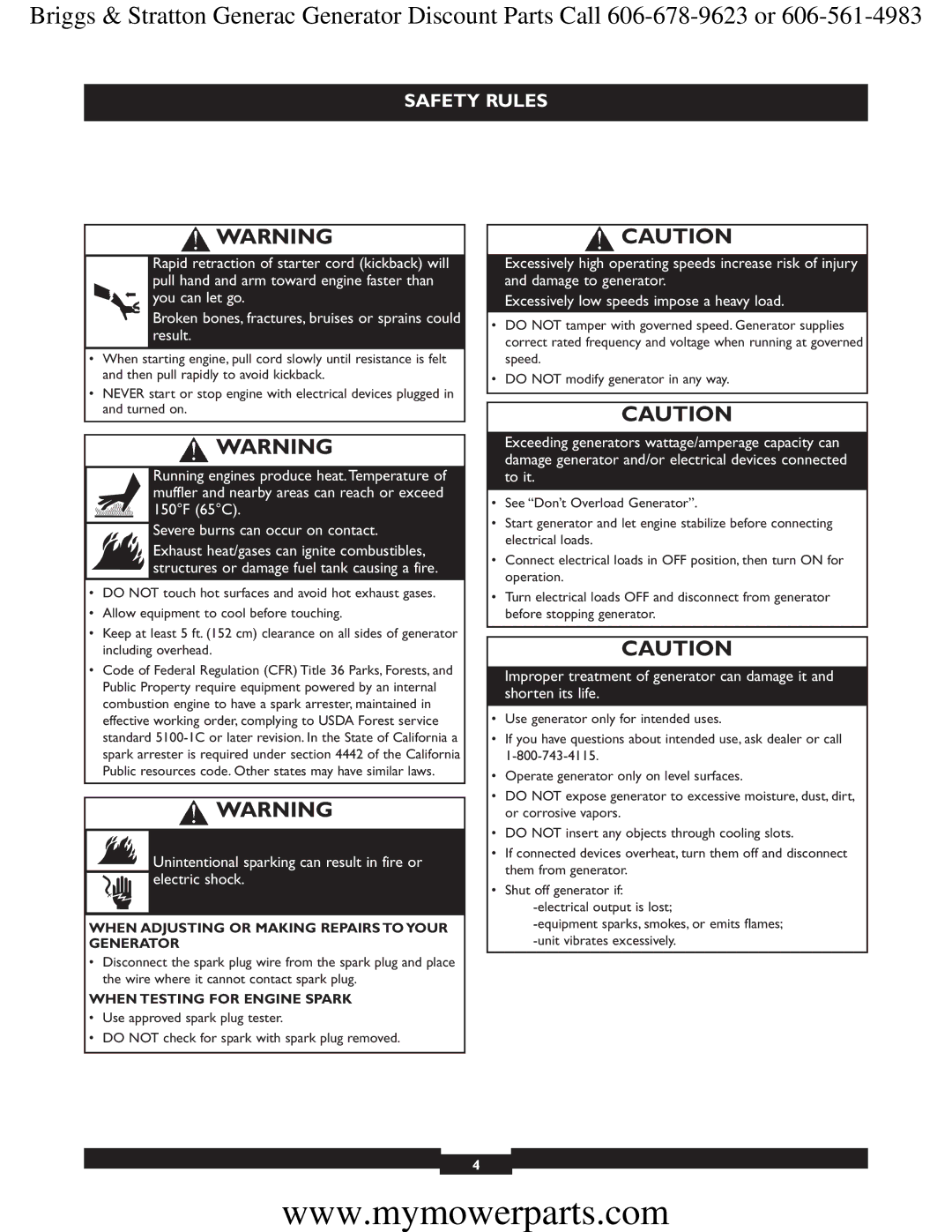 Briggs & Stratton 30244 manual When Adjusting or Making Repairs to Your Generator, When Testing for Engine Spark 