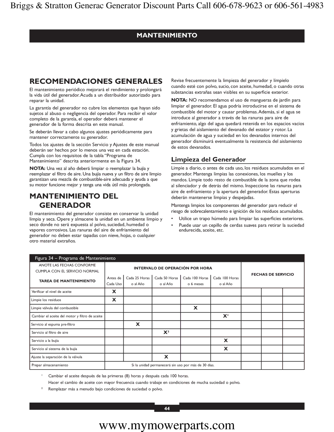 Briggs & Stratton 30244 manual Recomendaciones Generales, Mantenimiento DEL Generador, Limpieza del Generador 