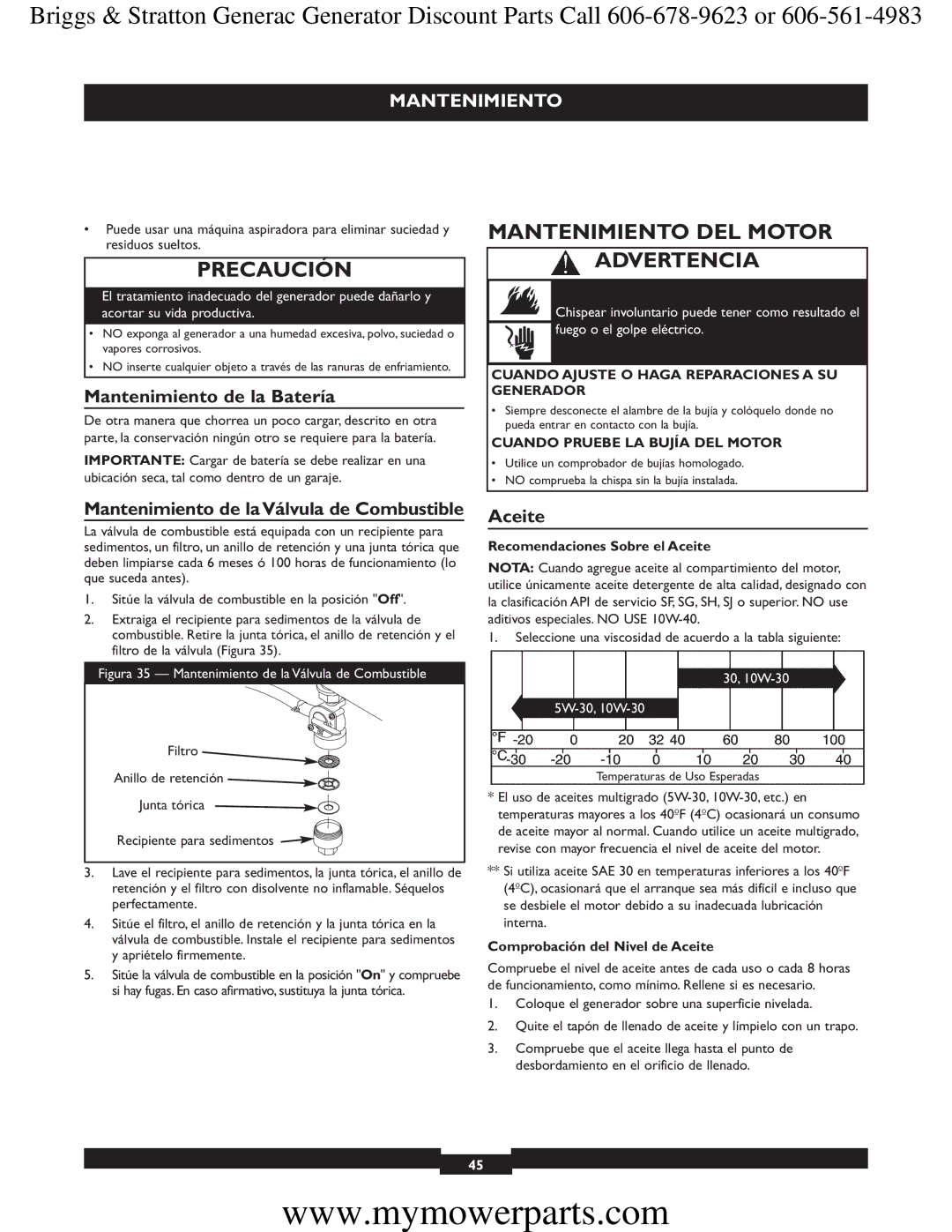 Briggs & Stratton 30244 manual Mantenimiento DEL Motor Advertencia, Mantenimiento de la Batería, Aceite 