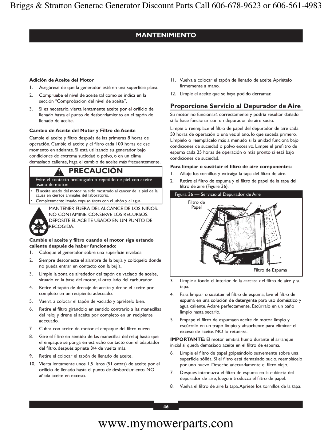 Briggs & Stratton 30244 manual Proporcione Servicio al Depurador de Aire, Adición de Aceite del Motor 