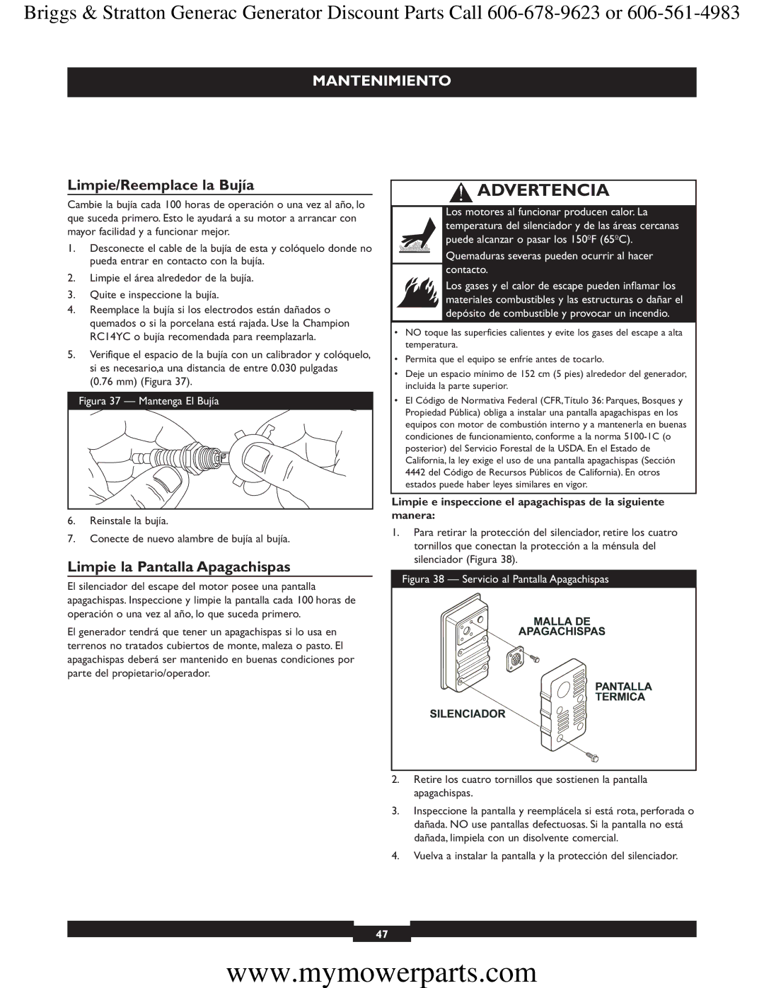 Briggs & Stratton 30244 manual Limpie/Reemplace la Bujía, Limpie la Pantalla Apagachispas 