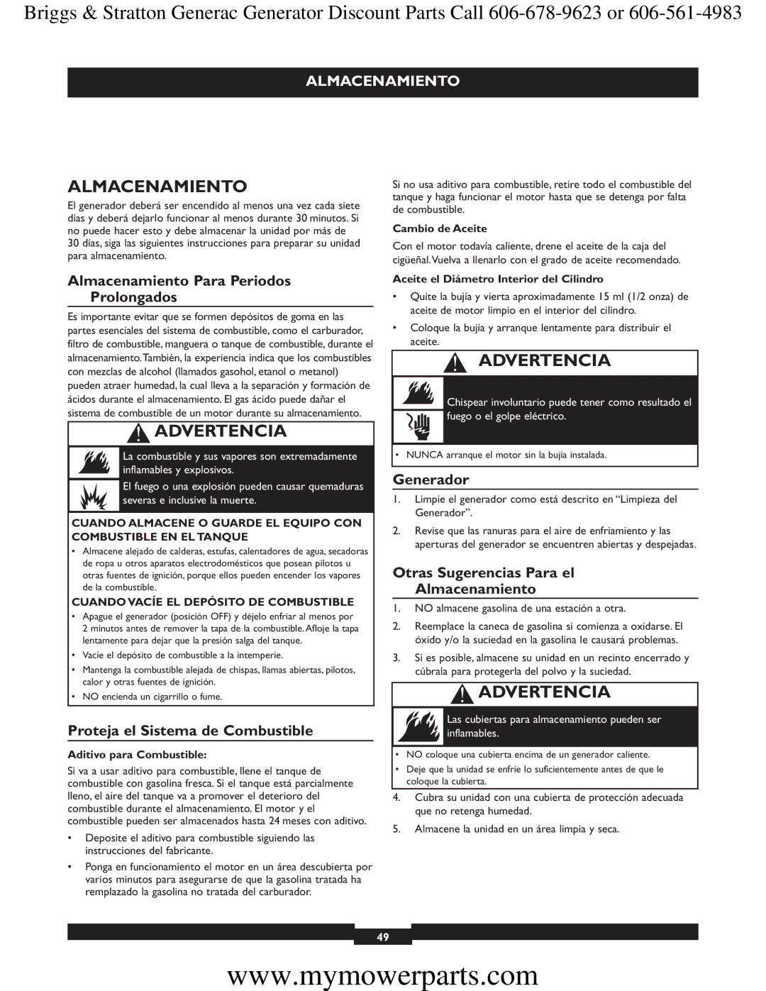 Briggs & Stratton 30244 manual Almacenamiento Para Periodos Prolongados, Proteja el Sistema de Combustible, Generador 