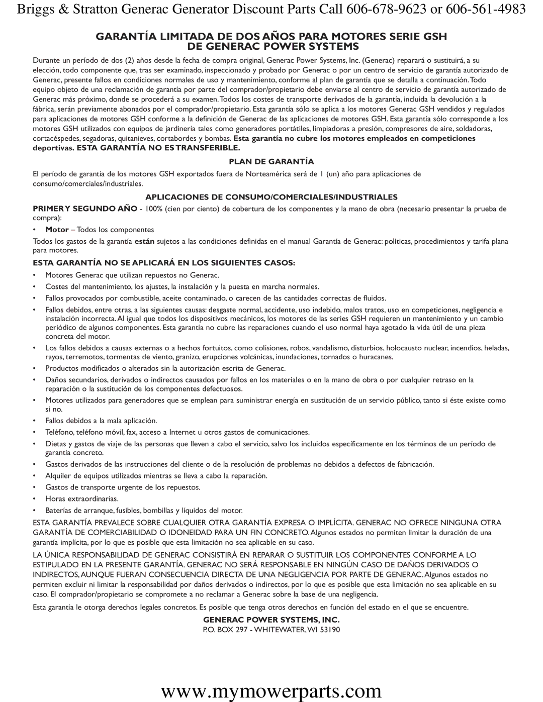 Briggs & Stratton 30244 Plan DE Garantía, Aplicaciones DE CONSUMO/COMERCIALES/INDUSTRIALES, Generac Power SYSTEMS, INC 