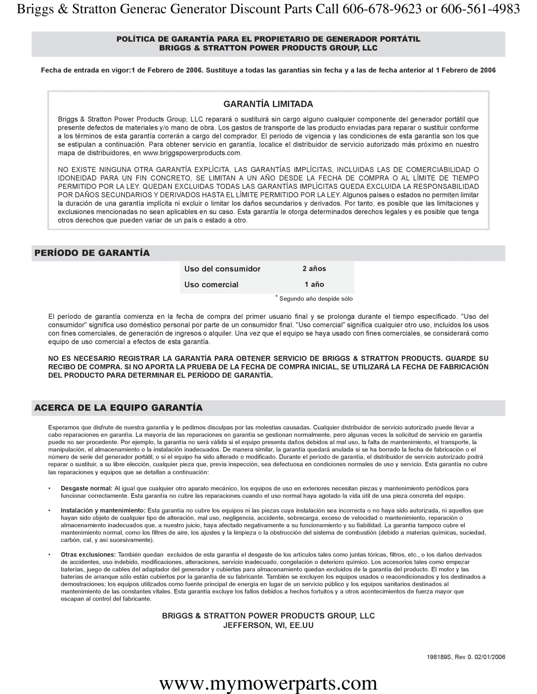 Briggs & Stratton 30244 manual Uso del consumidor, Uso comercial 