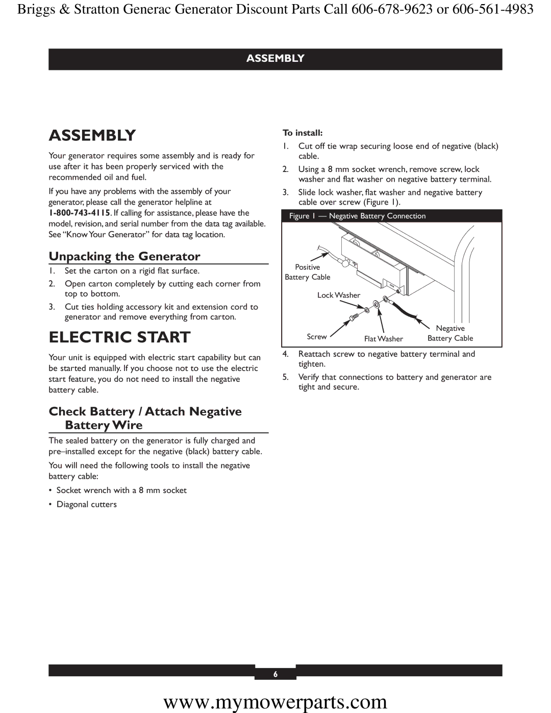 Briggs & Stratton 30244 Assembly, Electric Start, Unpacking the Generator, Check Battery / Attach Negative Battery Wire 