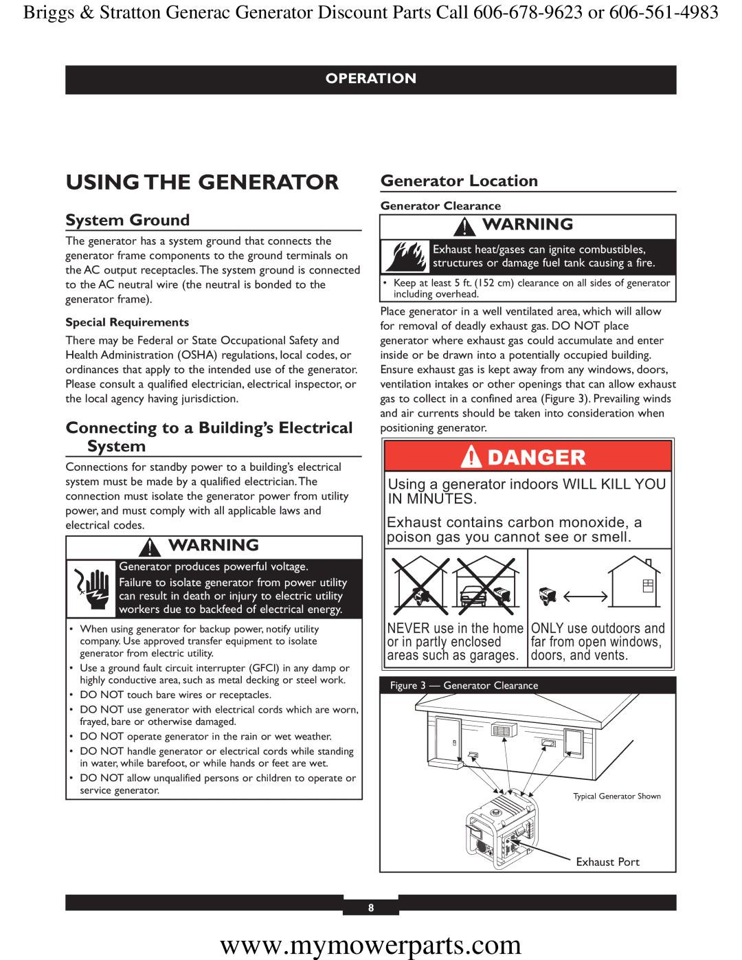 Briggs & Stratton 30244 manual Using the Generator, System Ground, Connecting to a Building’s Electrical System 