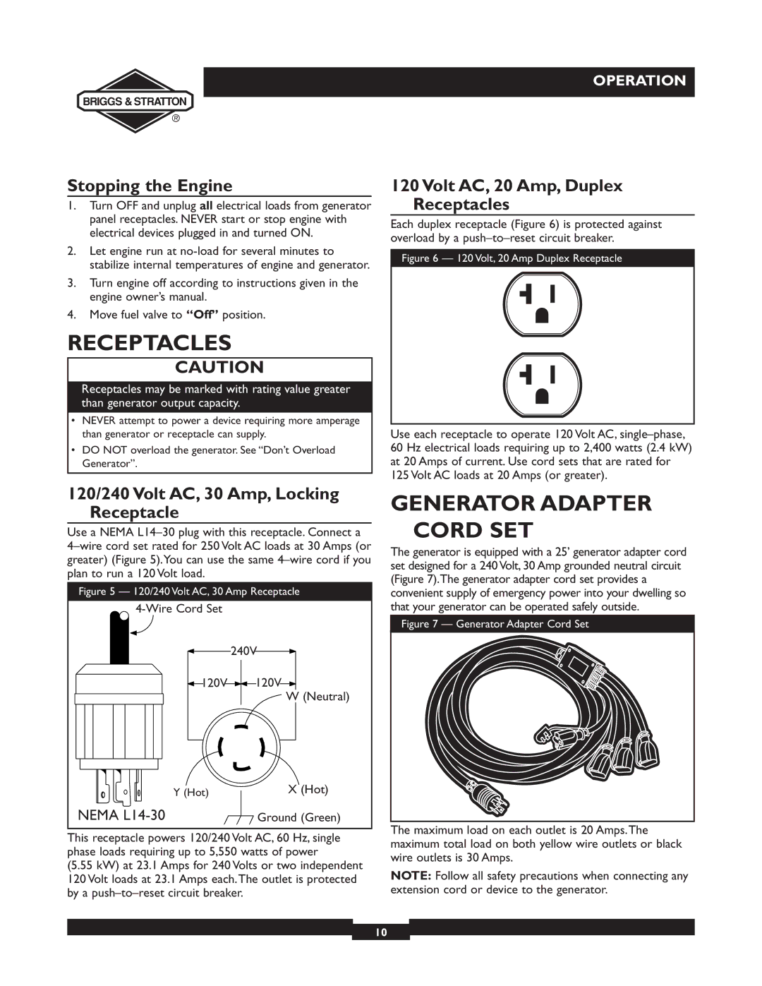 Briggs & Stratton 30246 Generator Adapter Cord SET, Stopping the Engine, Volt AC, 20 Amp, Duplex Receptacles 