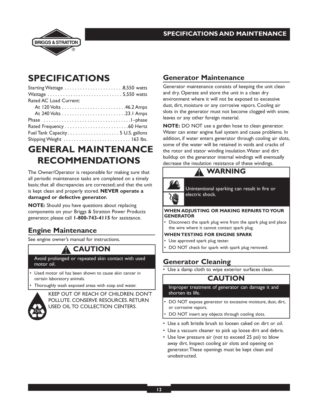 Briggs & Stratton 30246 Specifications, General Maintenance Recommendations, Engine Maintenance, Generator Maintenance 