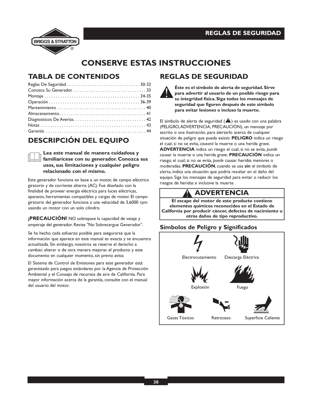 Briggs & Stratton 30246 user manual Tabla DE Contenidos, Descripción DEL Equipo, Reglas DE Seguridad, Advertencia 