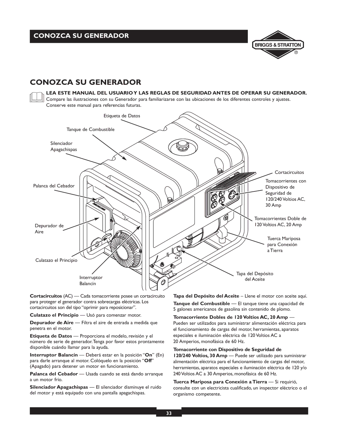 Briggs & Stratton 30246 user manual Conozca SU Generador, Tomacorriente Dobles de 120 Voltios AC, 20 Amp 