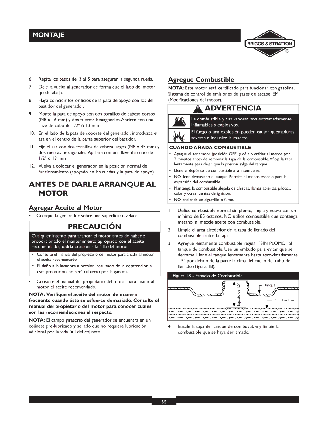 Briggs & Stratton 30246 user manual Antes DE Darle Arranque AL Motor, Agregar Aceite al Motor, Agregue Combustible 