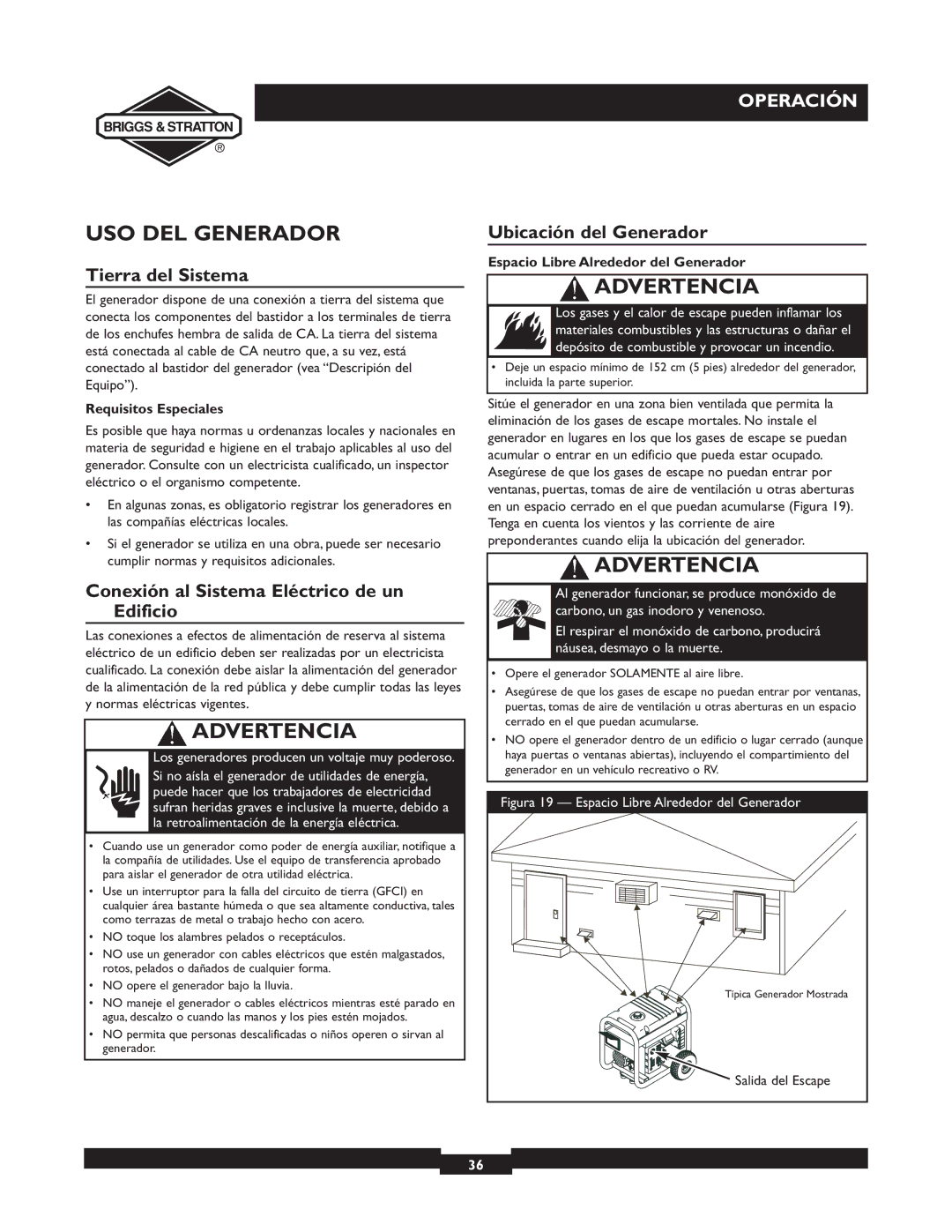 Briggs & Stratton 30246 user manual USO DEL Generador, Tierra del Sistema, Conexión al Sistema Eléctrico de un Edificio 