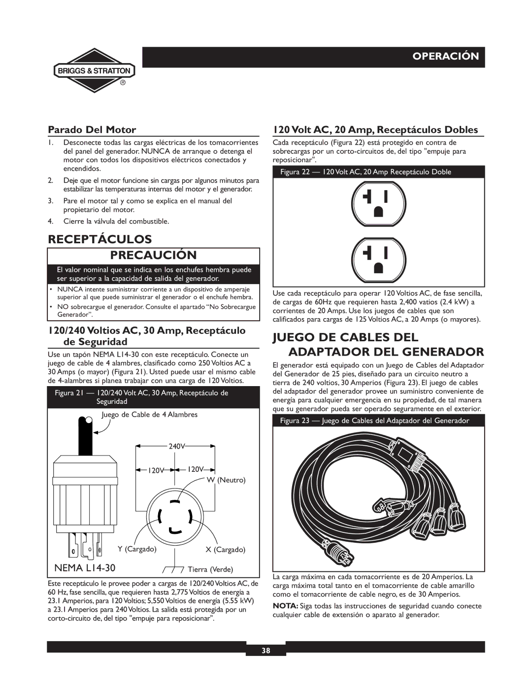 Briggs & Stratton 30246 user manual Receptáculos Precaución, Juego DE Cables DEL Adaptador DEL Generador, Parado Del Motor 