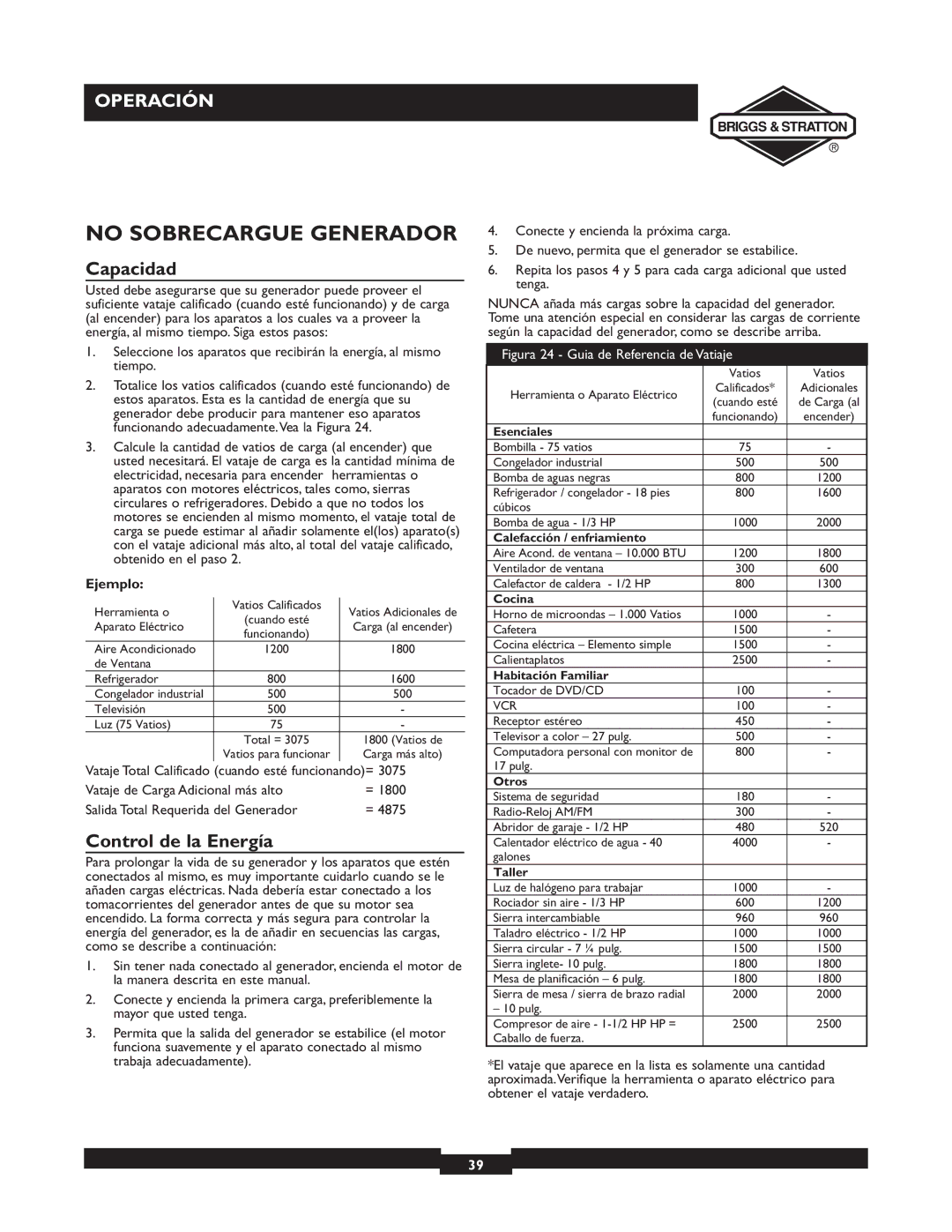 Briggs & Stratton 30246 user manual No Sobrecargue Generador, Capacidad, Control de la Energía, Ejemplo 