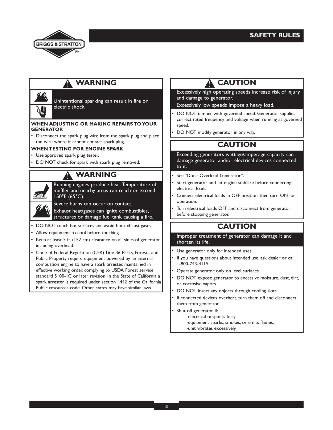 Briggs & Stratton 30246 user manual When Adjusting or Making Repairs to Your Generator, When Testing for Engine Spark 