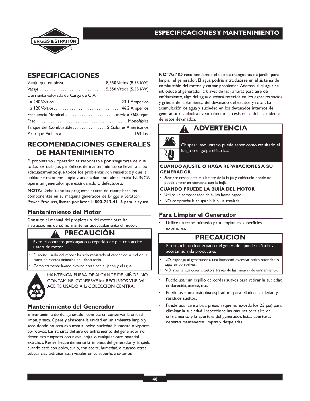 Briggs & Stratton 30246 user manual Especificaciones, Recomendaciones Generales DE Mantenimiento, Mantenimiento del Motor 