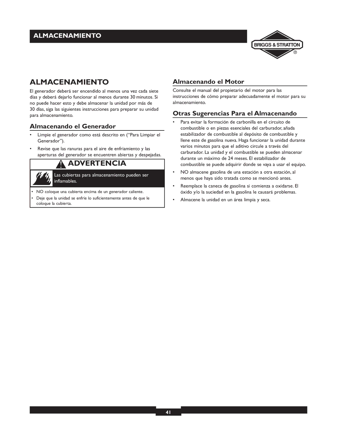 Briggs & Stratton 30246 user manual Almacenamiento, Almacenando el Generador, Almacenando el Motor 